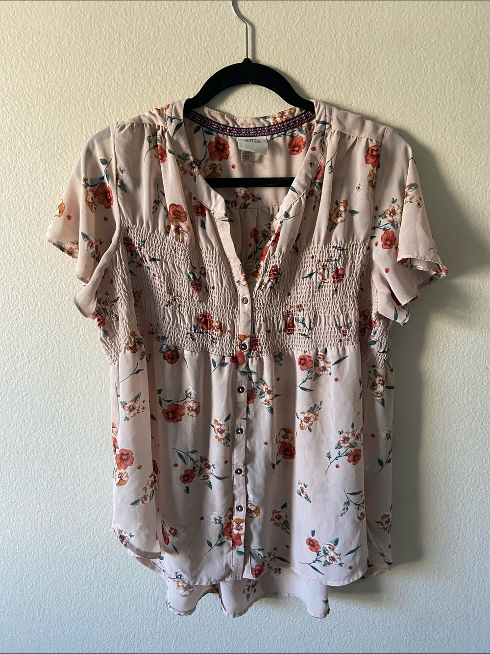 Knox Rose Blush Floral Button-Front Smocked Blouse